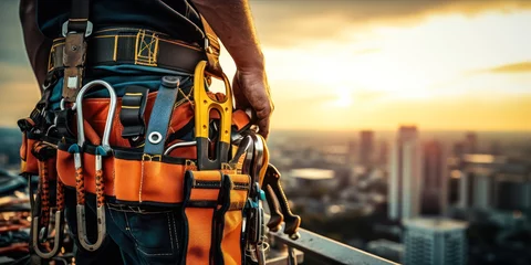 Foto op Plexiglas Close-up of construction workers tool belt with various tools on a high-rise construction site at sunset, showcasing industry safety and labor © Bartek