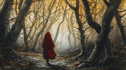 Back View Art of Little Red Riding Hood Walking Along a Trail in the Woods