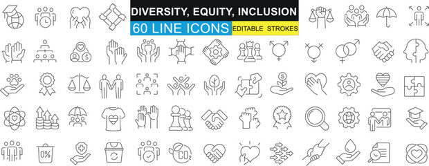 Diversity, Equity, Inclusion, 60 Line Icons Vector Illustrations, Business, Teamwork, Education Symbols, Multicultural, Gender Equality, Accessibility,