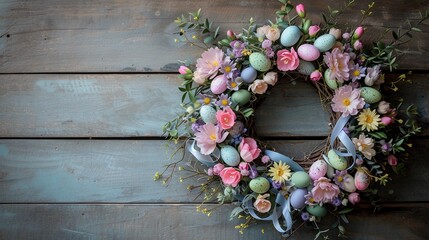Easter wreath made of spring flowers, willow twigs, Easter eggs, and ribbons on a wooden surface. Aerial top view, Wide-format eco banner with copy space. AI Generated - obrazy, fototapety, plakaty