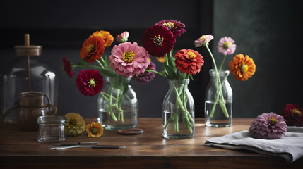 vibrant Zinnia bouquet bathed in soft morning light. 