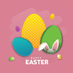Happy Easter Greeting Card Design with Colorful Egg with Bunny Ear on Grass Illustration.