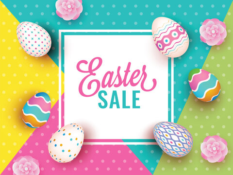 Easter Sale Poster Design with Colorful Printed Eggs on Abstract Background.