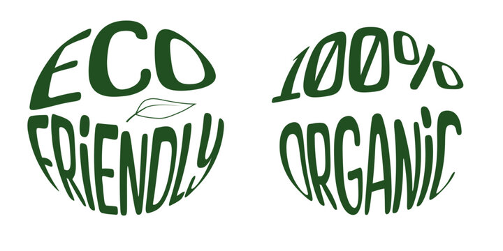 100% organic slogan in round shape. Eco friendly phrase sticker. Trendy lettering design. Clean nature environment, green color badges.