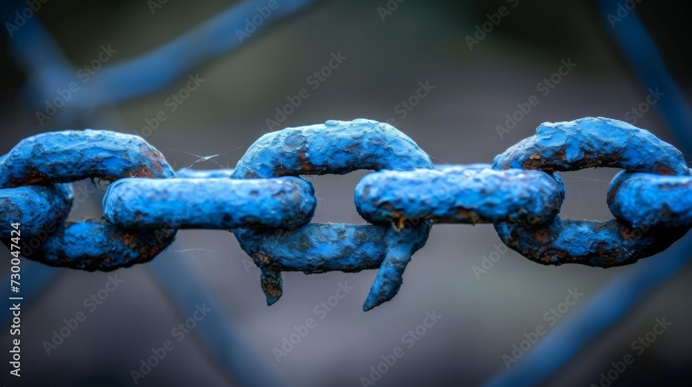 Poster a close up of a blue chain with rust on it, ai