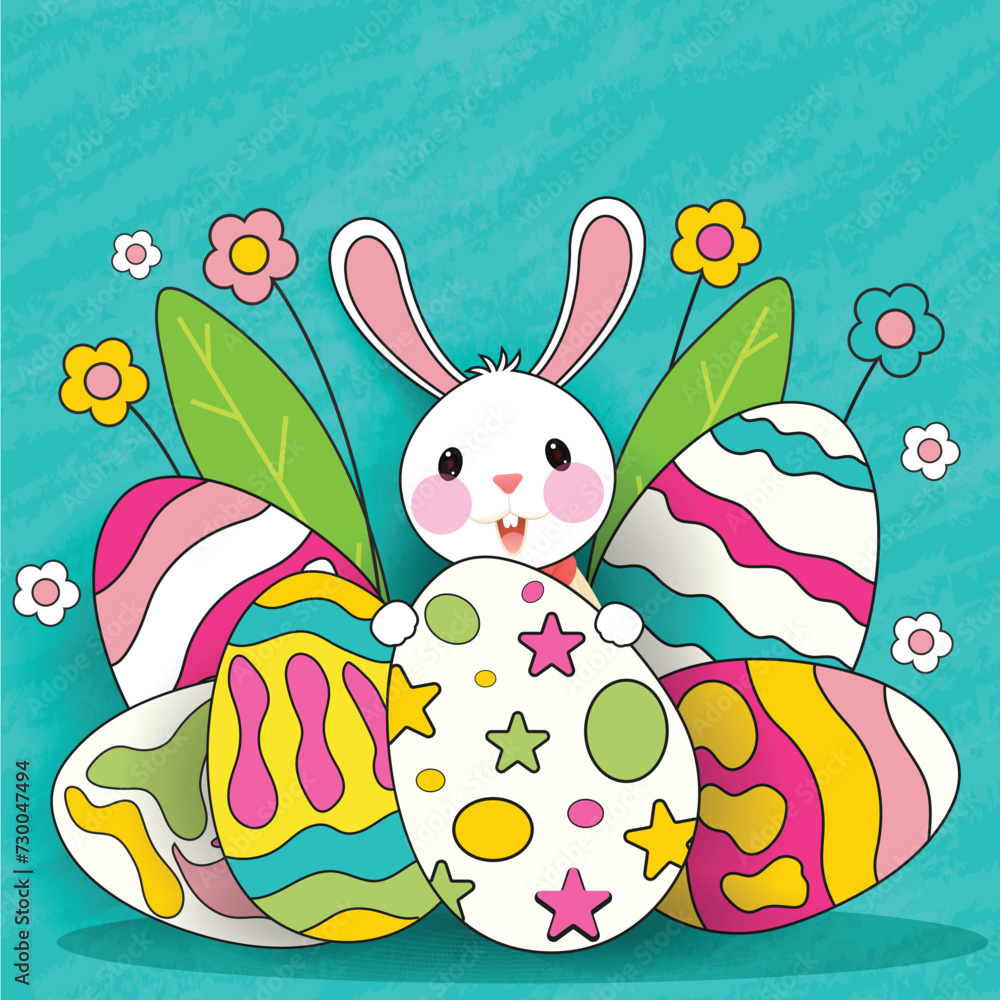 Poster Cartoon Cute Bunny with Colorful Painted Eggs and Flowers, Leaves on Sky Blue Texture Background. Happy Easter Card or Poster Design.