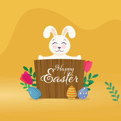 Happy Easter Text Wooden Board Holding Cute Bunny with Eggs and Flower Illustration.