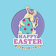 Sticker Style Happy Easter Font with Cartoon Bunny Holding Colored Egg and Paint Brush Illustration.