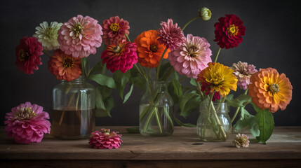 vibrant Zinnia bouquet bathed in soft morning light. 