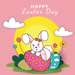 Cartoon Bunny Sit on Printed Eggs and Flowers Field View for Happy Easter Celebration Concept.