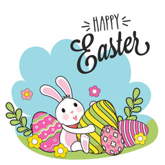 Happy Easter Poster Design with Cute Bunny Holding Printed Eggs, Flowers and Leaves Illustration.