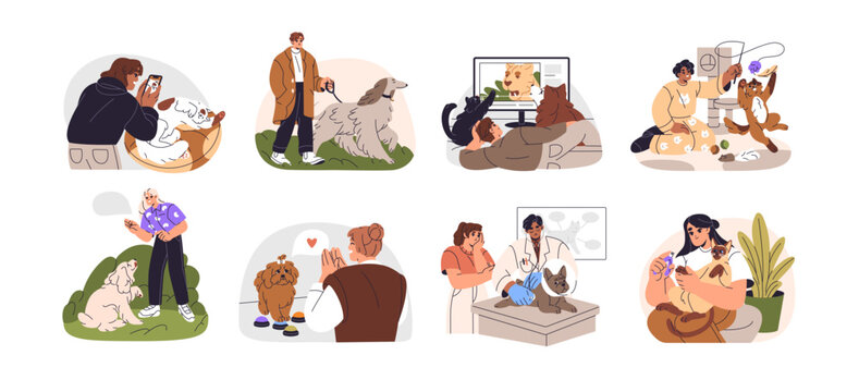 Owners love their pets set. People take photos, trim claws, play with cute cats. Characters walk, training, watch tv with fluffy dogs. Puppy in vet clinic. Flat isolated vector illustration on white