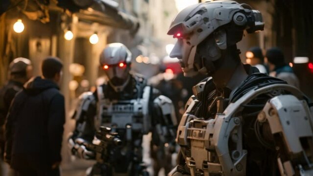 The robot soldier stood cautiously. Armed and worn uniforms Protect the Statue of Liberty It captures the essence of security and protection.