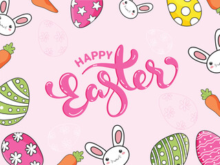 Happy Easter Celebration Concept with Cartoon Cute Bunny Face, Painted Eggs and Carrots Illustration.