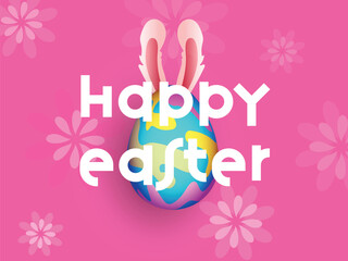 Happy Easter Celebration of Cartoon Bunny Ears Painted Egg Illustration on Pink Flower Pattern Background.