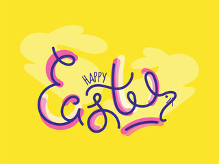 Hand Drawn Text of Happy Easter on Yellow Background.