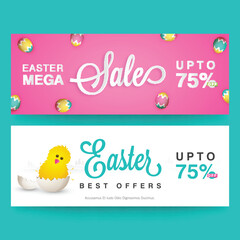 Easter Sale Header or Banner Set with Up To 75% Discount Offer and Painted Eggs and Cartoon Chick Illustration.