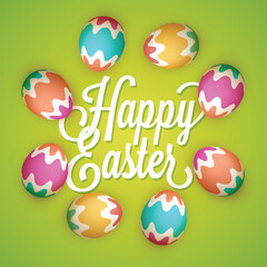 Realistic Colorful Painted Eggs and Happy Easter Text on Green Background. Can Be Used Design as a Greeting Card.