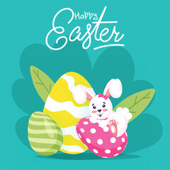 Happy Easter Celebration Concept with Cartoon Cute Bunny Climbing on Painted Eggs and Leaves Illustration.