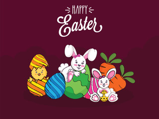 Happy Easter Celebration Concept with Cartoon Cute Chick, Bunny, Painted Eggs and Carrots Illustration.