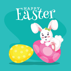Happy Easter Celebration Concept with Cartoon Cute Bunny Climbing on Big Painted Egg illustration.