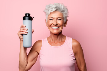 Close-Up Senior Woman with Water Bottle. Joyful senior woman holding water bottle promotes fitness and hydration.
