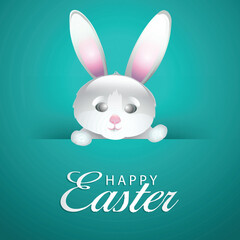 Obraz premium Elegant Greeting Card Design with Cute Cartoon Bunny on Glossy Turquoise Background for Happy Easter Celebration Concept.