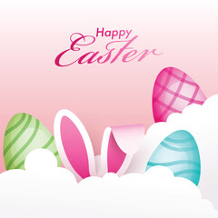 Cute Cartoon Bunny and Eggs on Cloud Background for Happy Easter Celebration Concept.