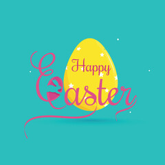 Creative Happy Easter Calligraphy Text with Cartoon Bunny and Egg on Turquoise Background.