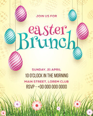 Easter Brunch Invitation Card for Template Design With Colorful Painted Egg, Venue Details, Date and Time. - obrazy, fototapety, plakaty