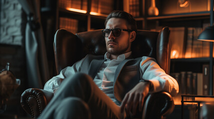 Mann mit dunkler Sonnenbrille sitzt in einem klassischem Lederstuhl in einer Lounge oder privaten Lesezimmer und schaut ernst oder nachdenklich - obrazy, fototapety, plakaty