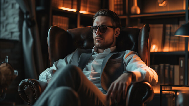 Mann mit dunkler Sonnenbrille sitzt in einem klassischem Lederstuhl in einer Lounge oder privaten Lesezimmer und schaut ernst oder nachdenklich
