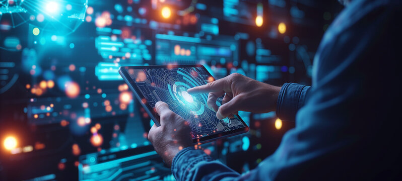 Ein Mann tippt auf einem Tablet auf eine virtuelle Grafik im Hintergrund viele Bildschirme mit Daten alles in Blau