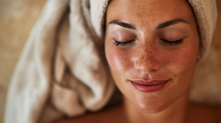 Lifestyle portrait of beautiful woman with freckles at luxury spa, natural clean skin and towel, close up