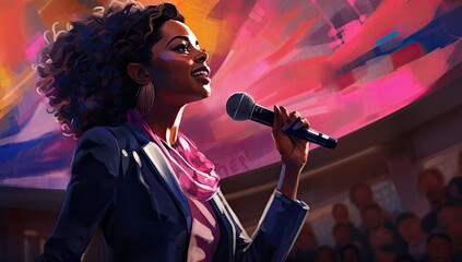 During a public speaking engagement, a young African American woman from the business world shares insights.