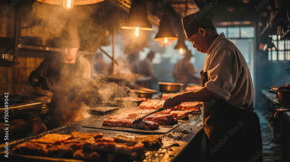 Wall mural Sizzling Grill: A Delicious Barbecue Meal Prepared by a Skilled Chef with a Roasting Pork on a Smoky Flame Under a Closeup Shot, Adding Gourmet Flavor to the Traditional Market Background