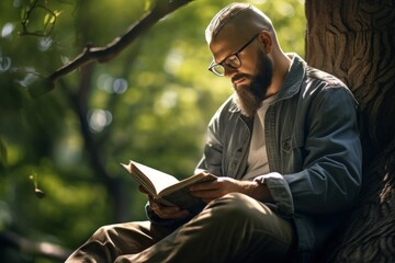 Fototapeta premium Man sitting under a tree, engrossed in a book