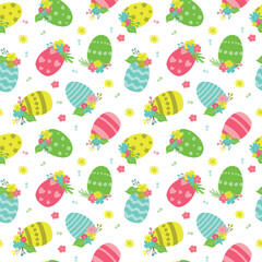 Hand drawn seamless vector pattern with cartoon painted eggs and flowers , on a white background.