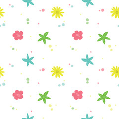 Seamless pattern with bright colorful flowers and dots. Vector illustration for designs, prints and patterns. Isolated on white background.