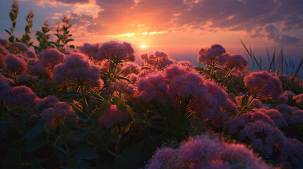 Fototapeta na wymiar Ageratum flowers against a vivid sunset backdrop. 