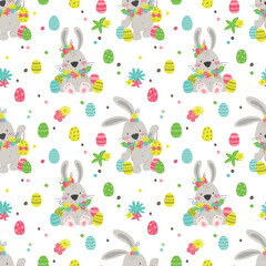Seamless pattern with bunny and easter eggs. Endless texture for spring design, decoration, greeting cards, posters, invitations, advertisement. Vector illustration.