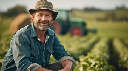 Happy middle aged farmer inspecting his green field, modern tractor blurred in the background. Generative AI.