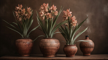 Naklejka na ściany i meble Yucca blooms arranged in a vintage terracotta pot. 
