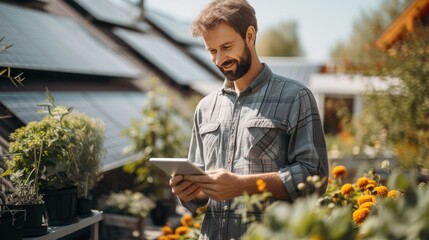 Technician checks the energy production of his photovoltaic system on a tablet, the roof of the house with the solar panels in the background. Generative AI.