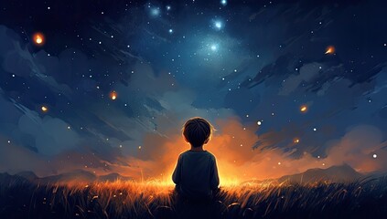 A captivating scene depicts a young boy and girl surrounded by glowing planets and stars in the night sky, embodying the essence of dreaming and hope. - obrazy, fototapety, plakaty