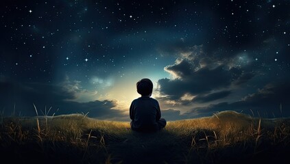 A captivating scene depicts a young boy and girl surrounded by glowing planets and stars in the night sky, embodying the essence of dreaming and hope.