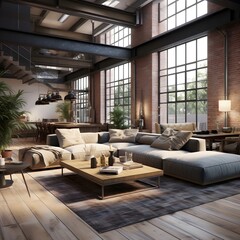 Naklejka na ściany i meble a living room with a modern industrial loft vibe. Picture exposed brick walls, concrete floors, and open ductwork