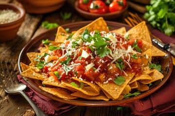 A mouthwatering close-up of a plate of Chilaquiles, featuring crispy tortilla chips smothered in vibrant salsa, topped with cheese, and garnished with fresh cilantro.