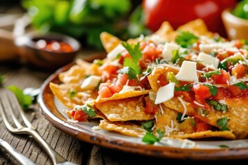 A mouthwatering close-up of a plate of Chilaquiles, featuring crispy tortilla chips smothered in vibrant salsa, topped with cheese, and garnished with fresh cilantro.