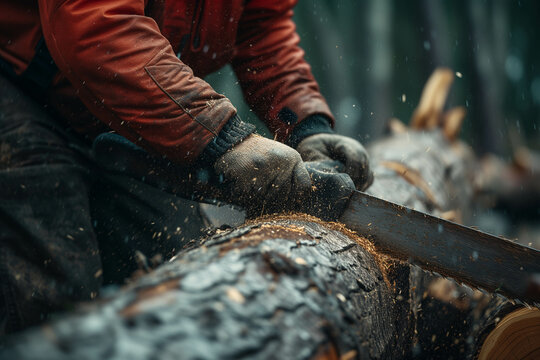 A carpenter is actively working on cutting down trees.